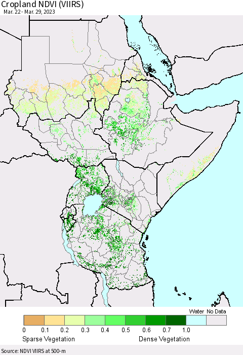 Eastern Africa Cropland NDVI (VIIRS) Thematic Map For 3/22/2023 - 3/29/2023