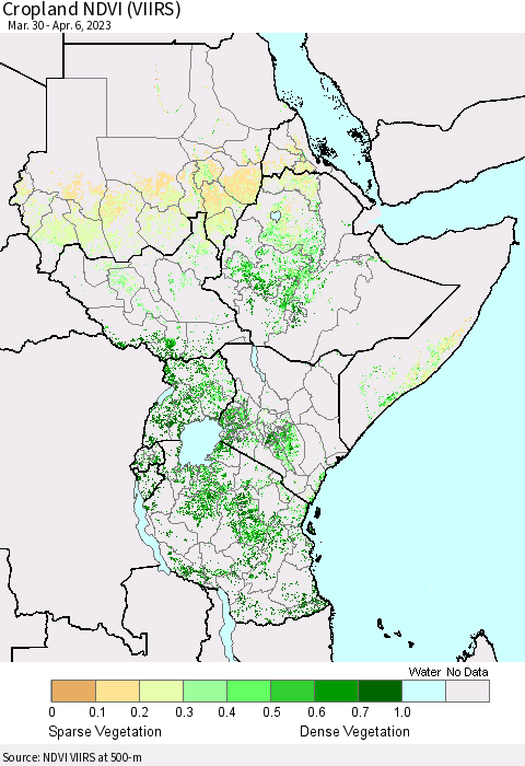 Eastern Africa Cropland NDVI (VIIRS) Thematic Map For 3/30/2023 - 4/6/2023