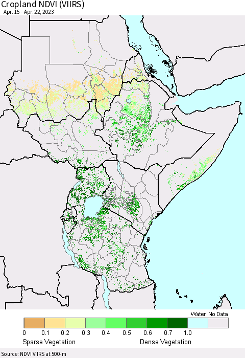 Eastern Africa Cropland NDVI (VIIRS) Thematic Map For 4/15/2023 - 4/22/2023