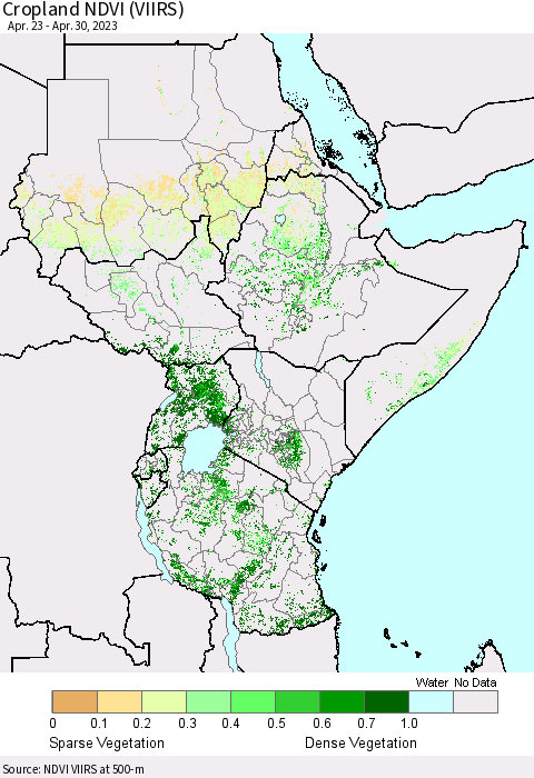 Eastern Africa Cropland NDVI (VIIRS) Thematic Map For 4/23/2023 - 4/30/2023
