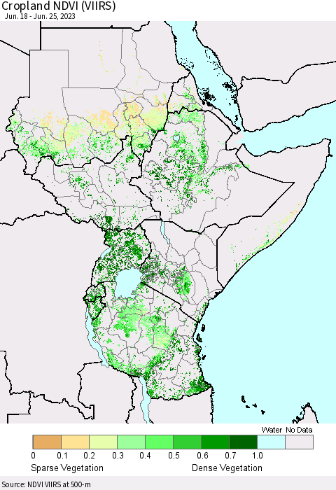 Eastern Africa Cropland NDVI (VIIRS) Thematic Map For 6/18/2023 - 6/25/2023
