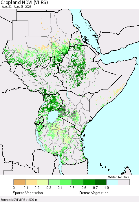 Eastern Africa Cropland NDVI (VIIRS) Thematic Map For 8/21/2023 - 8/28/2023