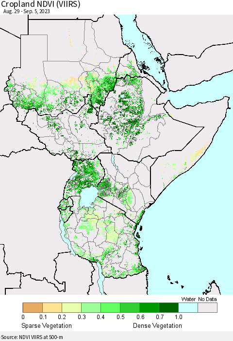 Eastern Africa Cropland NDVI (VIIRS) Thematic Map For 8/29/2023 - 9/5/2023