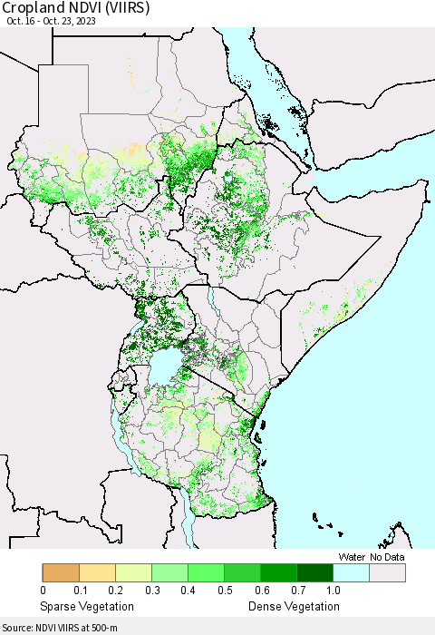 Eastern Africa Cropland NDVI (VIIRS) Thematic Map For 10/16/2023 - 10/23/2023