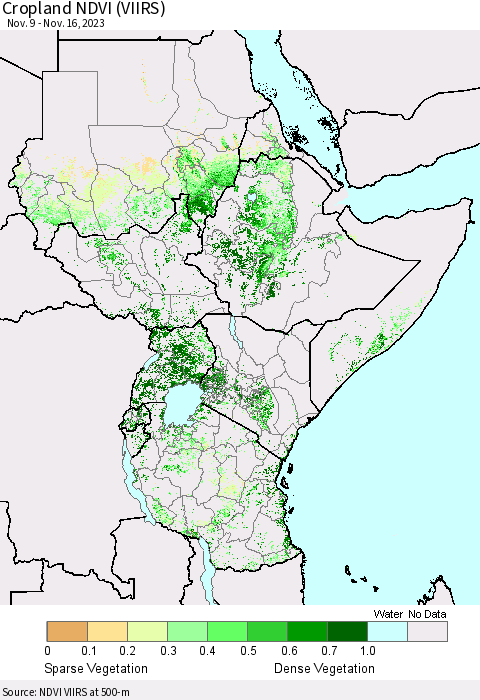 Eastern Africa Cropland NDVI (VIIRS) Thematic Map For 11/9/2023 - 11/16/2023