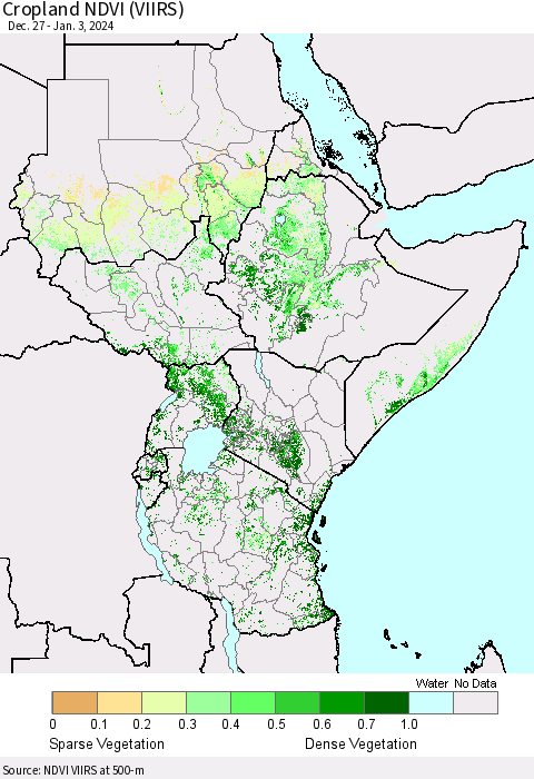Eastern Africa Cropland NDVI (VIIRS) Thematic Map For 12/27/2023 - 1/3/2024