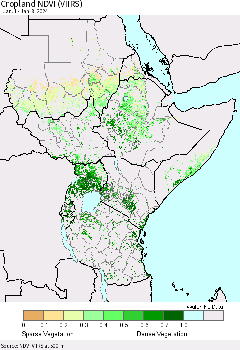 Eastern Africa Cropland NDVI (VIIRS) Thematic Map For 1/1/2024 - 1/8/2024