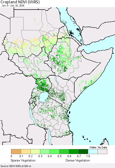 Eastern Africa Cropland NDVI (VIIRS) Thematic Map For 1/9/2024 - 1/16/2024