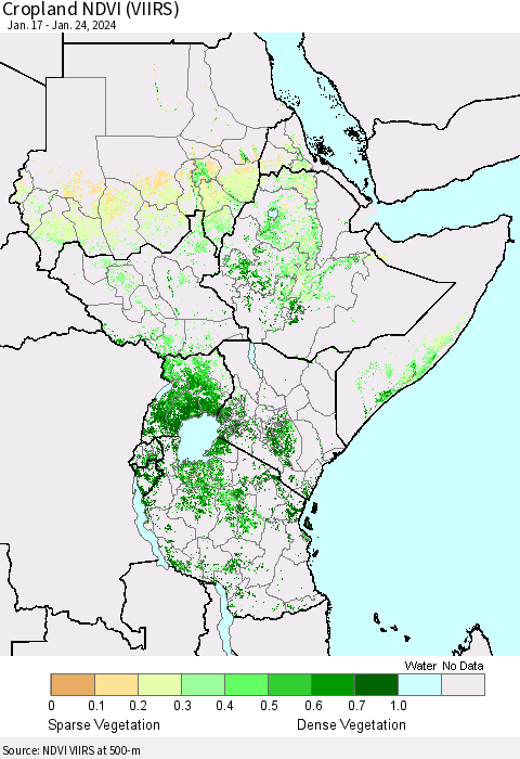 Eastern Africa Cropland NDVI (VIIRS) Thematic Map For 1/17/2024 - 1/24/2024