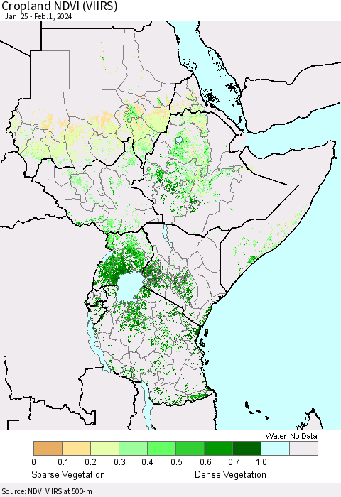 Eastern Africa Cropland NDVI (VIIRS) Thematic Map For 1/25/2024 - 2/1/2024