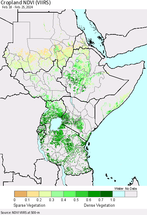 Eastern Africa Cropland NDVI (VIIRS) Thematic Map For 2/18/2024 - 2/25/2024