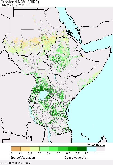 Eastern Africa Cropland NDVI (VIIRS) Thematic Map For 2/26/2024 - 3/4/2024