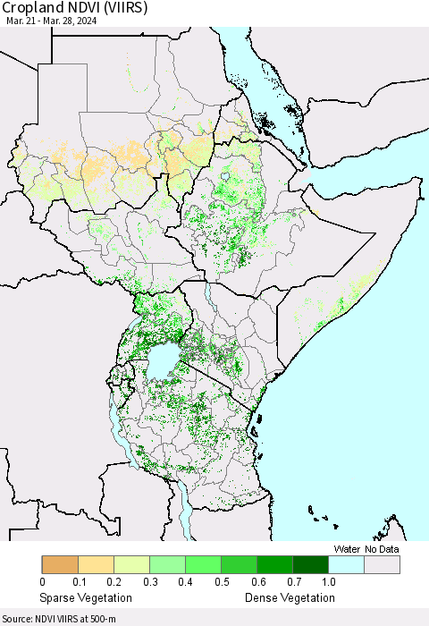 Eastern Africa Cropland NDVI (VIIRS) Thematic Map For 3/21/2024 - 3/28/2024