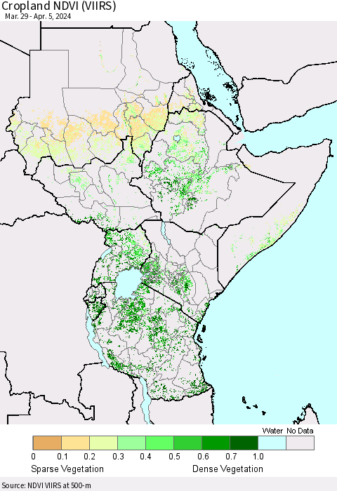 Eastern Africa Cropland NDVI (VIIRS) Thematic Map For 3/29/2024 - 4/5/2024