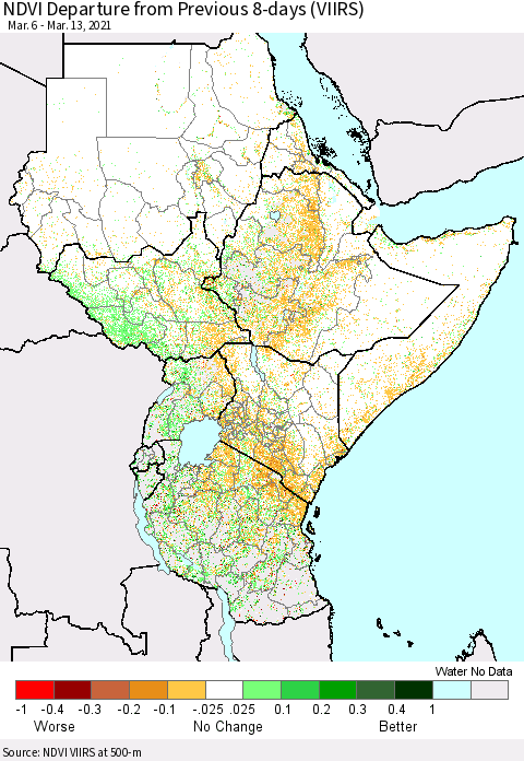 Eastern Africa NDVI Departure from Previous 8-days (VIIRS) Thematic Map For 3/6/2021 - 3/13/2021