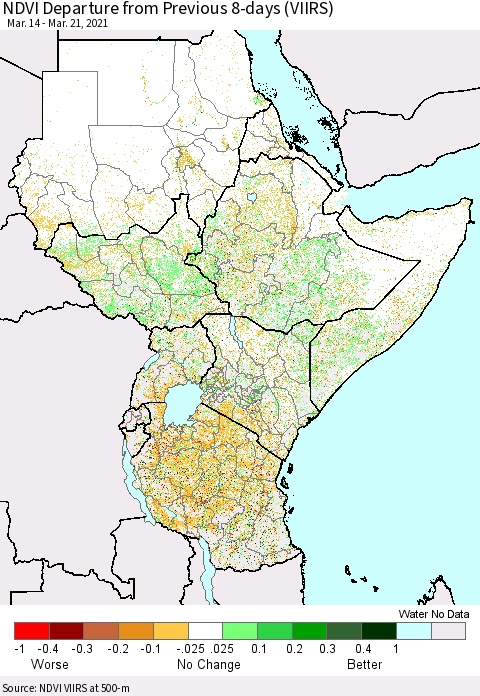 Eastern Africa NDVI Departure from Previous 8-days (VIIRS) Thematic Map For 3/14/2021 - 3/21/2021