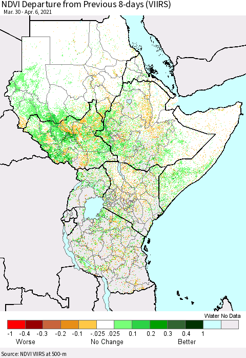 Eastern Africa NDVI Departure from Previous 8-days (VIIRS) Thematic Map For 3/30/2021 - 4/6/2021