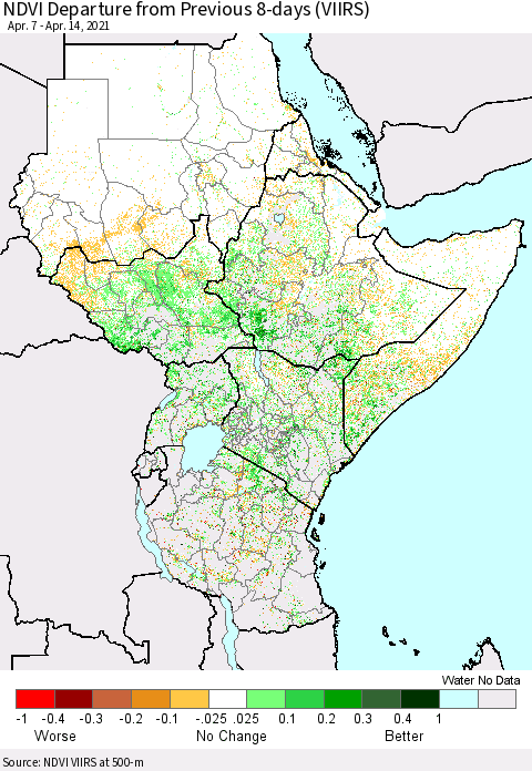 Eastern Africa NDVI Departure from Previous 8-days (VIIRS) Thematic Map For 4/7/2021 - 4/14/2021