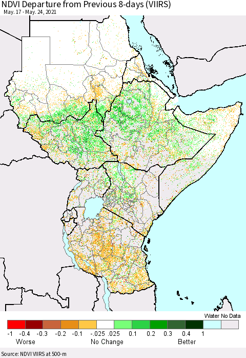 Eastern Africa NDVI Departure from Previous 8-days (VIIRS) Thematic Map For 5/17/2021 - 5/24/2021