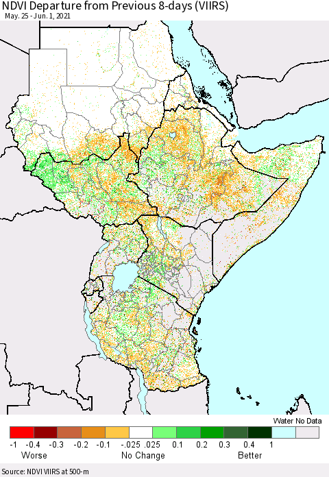 Eastern Africa NDVI Departure from Previous 8-days (VIIRS) Thematic Map For 5/25/2021 - 6/1/2021