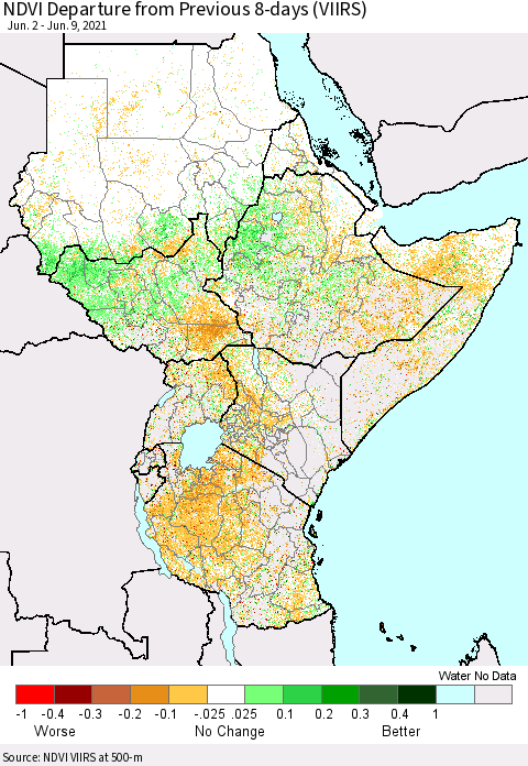 Eastern Africa NDVI Departure from Previous 8-days (VIIRS) Thematic Map For 6/2/2021 - 6/9/2021