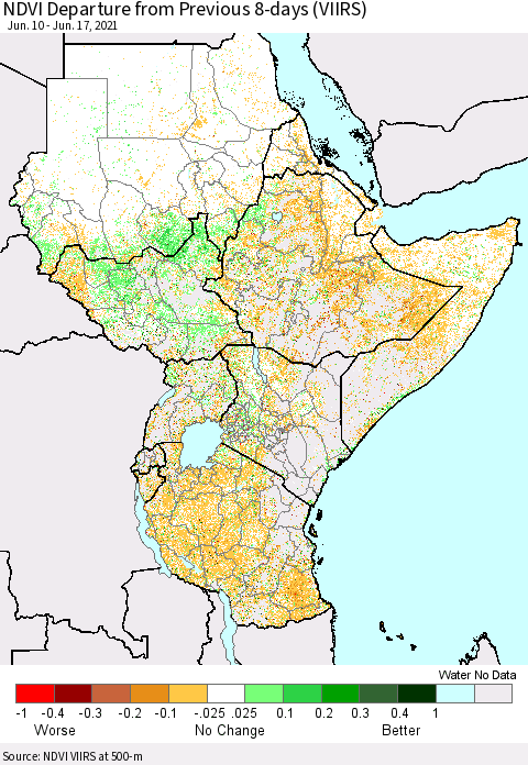 Eastern Africa NDVI Departure from Previous 8-days (VIIRS) Thematic Map For 6/10/2021 - 6/17/2021