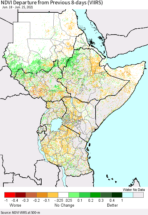 Eastern Africa NDVI Departure from Previous 8-days (VIIRS) Thematic Map For 6/18/2021 - 6/25/2021