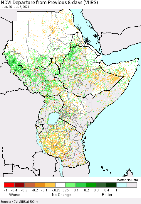 Eastern Africa NDVI Departure from Previous 8-days (VIIRS) Thematic Map For 6/26/2021 - 7/3/2021