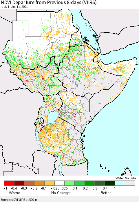 Eastern Africa NDVI Departure from Previous 8-days (VIIRS) Thematic Map For 7/4/2021 - 7/11/2021