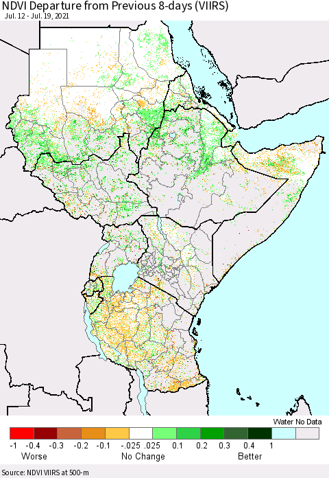Eastern Africa NDVI Departure from Previous 8-days (VIIRS) Thematic Map For 7/12/2021 - 7/19/2021