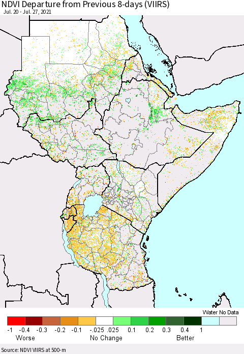 Eastern Africa NDVI Departure from Previous 8-days (VIIRS) Thematic Map For 7/20/2021 - 7/27/2021