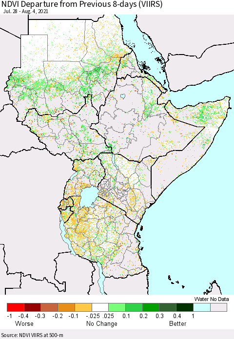 Eastern Africa NDVI Departure from Previous 8-days (VIIRS) Thematic Map For 7/28/2021 - 8/4/2021