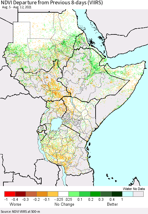 Eastern Africa NDVI Departure from Previous 8-days (VIIRS) Thematic Map For 8/5/2021 - 8/12/2021