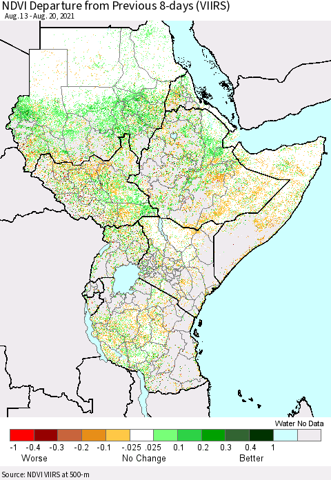 Eastern Africa NDVI Departure from Previous 8-days (VIIRS) Thematic Map For 8/13/2021 - 8/20/2021