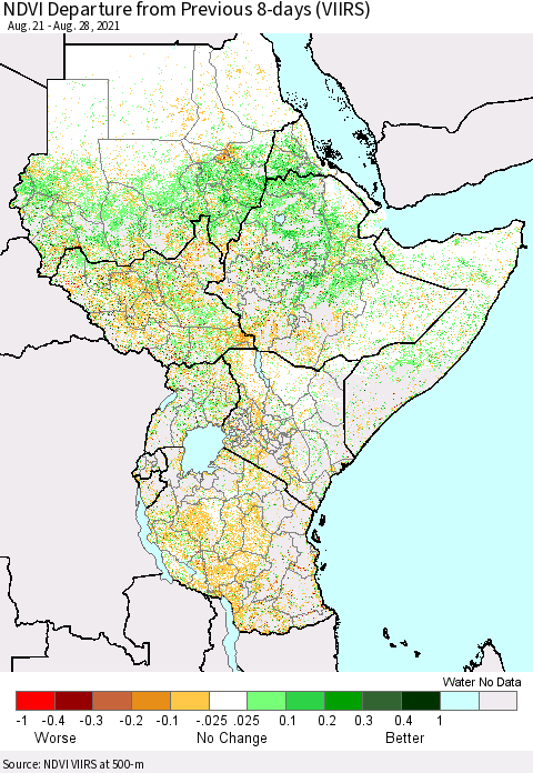 Eastern Africa NDVI Departure from Previous 8-days (VIIRS) Thematic Map For 8/21/2021 - 8/28/2021