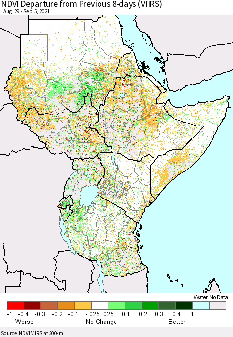 Eastern Africa NDVI Departure from Previous 8-days (VIIRS) Thematic Map For 8/29/2021 - 9/5/2021