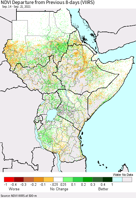 Eastern Africa NDVI Departure from Previous 8-days (VIIRS) Thematic Map For 9/14/2021 - 9/21/2021