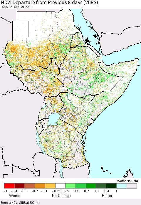 Eastern Africa NDVI Departure from Previous 8-days (VIIRS) Thematic Map For 9/22/2021 - 9/29/2021