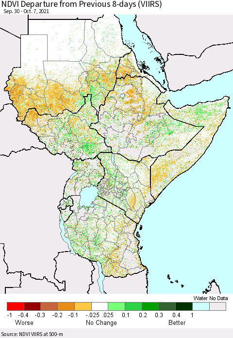 Eastern Africa NDVI Departure from Previous 8-days (VIIRS) Thematic Map For 9/30/2021 - 10/7/2021