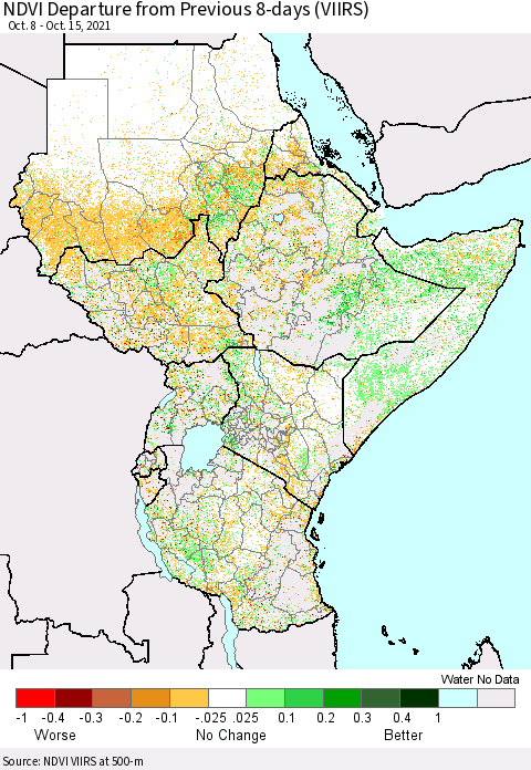 Eastern Africa NDVI Departure from Previous 8-days (VIIRS) Thematic Map For 10/8/2021 - 10/15/2021