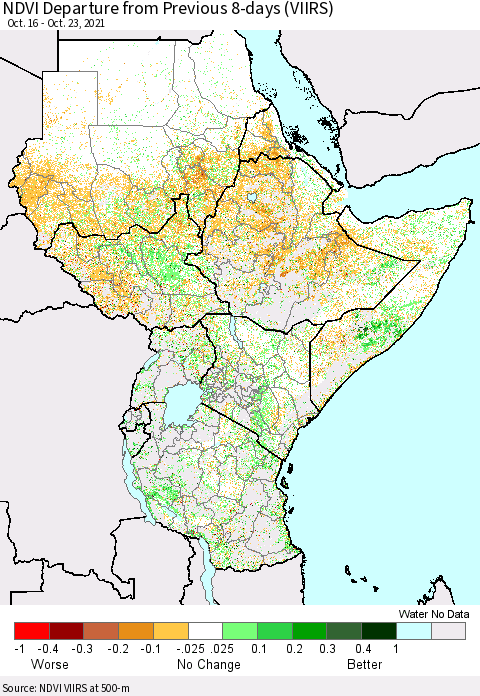 Eastern Africa NDVI Departure from Previous 8-days (VIIRS) Thematic Map For 10/16/2021 - 10/23/2021