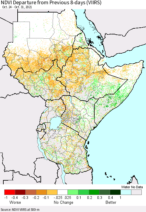 Eastern Africa NDVI Departure from Previous 8-days (VIIRS) Thematic Map For 10/24/2021 - 10/31/2021