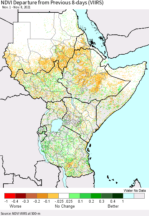 Eastern Africa NDVI Departure from Previous 8-days (VIIRS) Thematic Map For 11/1/2021 - 11/8/2021