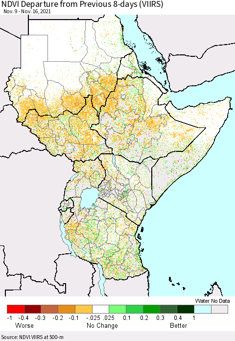 Eastern Africa NDVI Departure from Previous 8-days (VIIRS) Thematic Map For 11/9/2021 - 11/16/2021