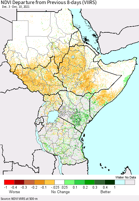 Eastern Africa NDVI Departure from Previous 8-days (VIIRS) Thematic Map For 12/3/2021 - 12/10/2021