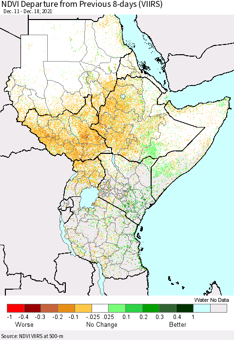 Eastern Africa NDVI Departure from Previous 8-days (VIIRS) Thematic Map For 12/11/2021 - 12/18/2021