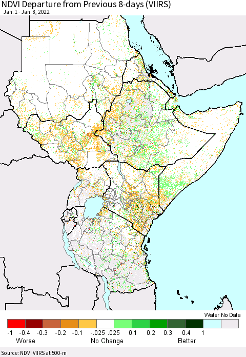 Eastern Africa NDVI Departure from Previous 8-days (VIIRS) Thematic Map For 1/1/2022 - 1/8/2022