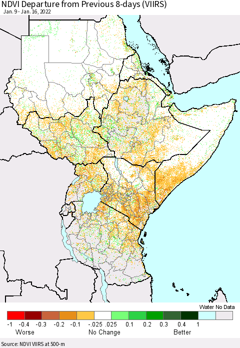 Eastern Africa NDVI Departure from Previous 8-days (VIIRS) Thematic Map For 1/9/2022 - 1/16/2022