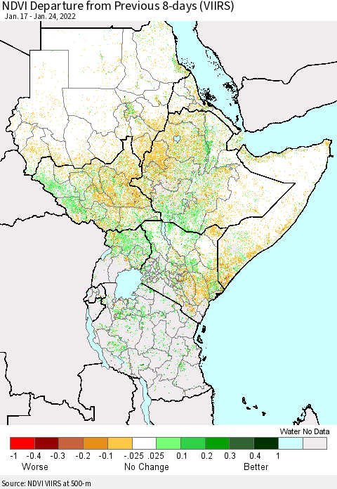 Eastern Africa NDVI Departure from Previous 8-days (VIIRS) Thematic Map For 1/17/2022 - 1/24/2022