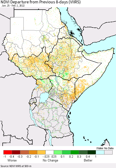 Eastern Africa NDVI Departure from Previous 8-days (VIIRS) Thematic Map For 1/25/2022 - 2/1/2022